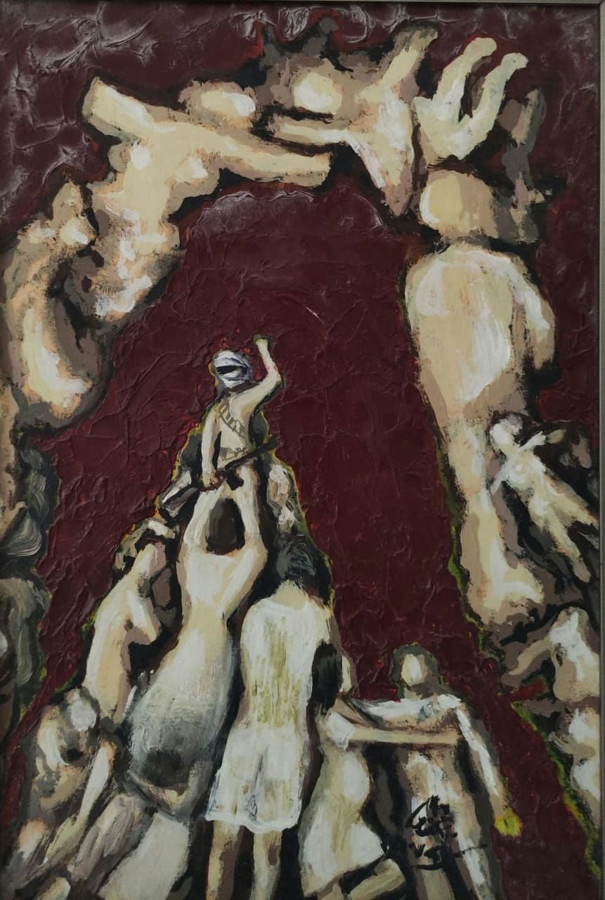 Original Oil 'Figures Rising Toward Giant Hands' by Mohammad Bushnaq