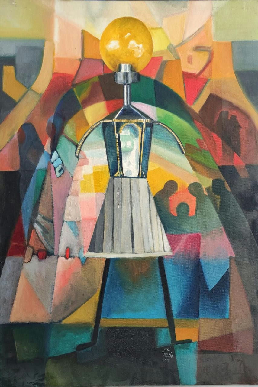 Original Oil 'Figure with Golden Orb and Crowd' by Mohammad Bushnaq