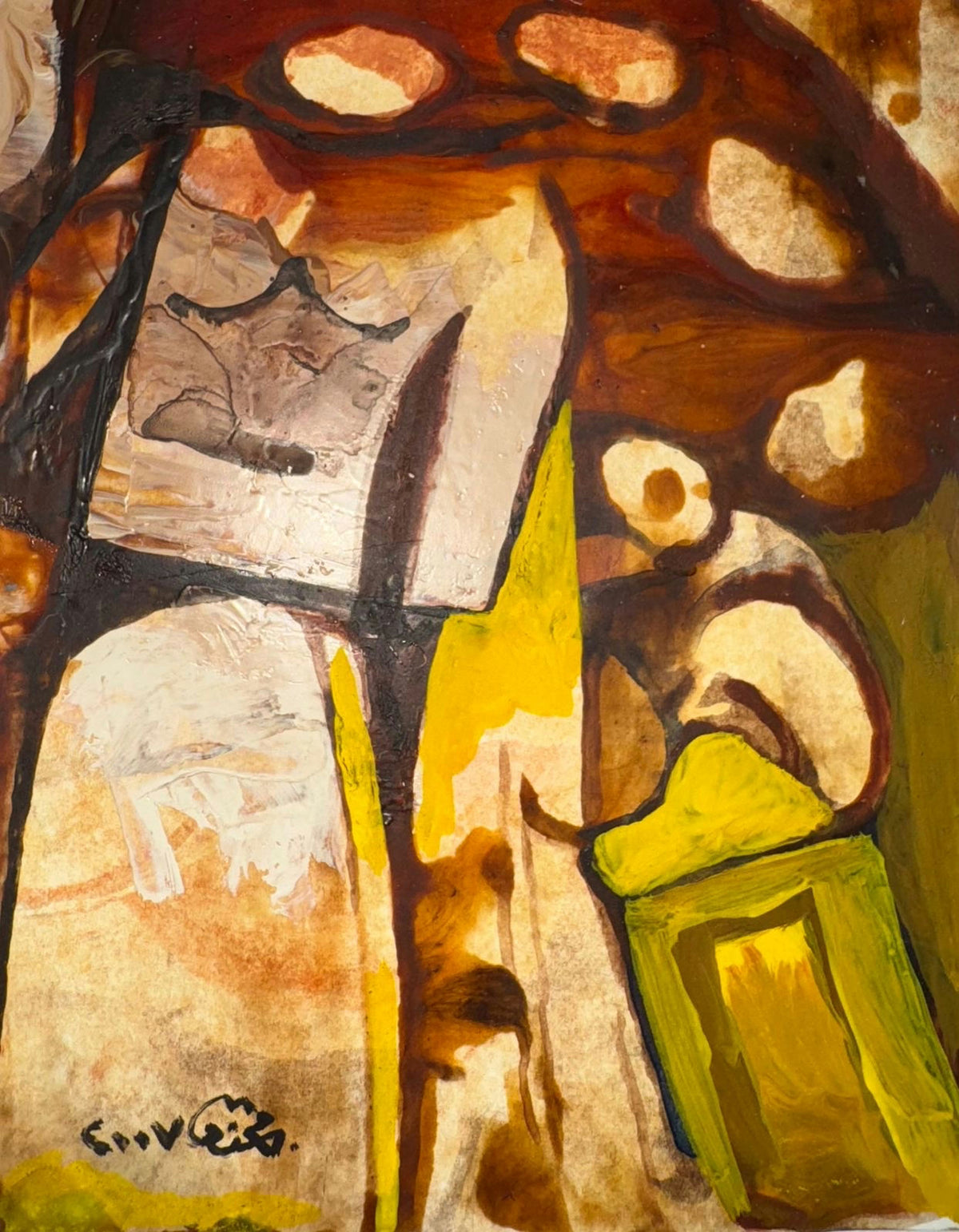 Original Mixed media 'Figures Seated Under Dark Canopy' by Mohammad Bushnaq