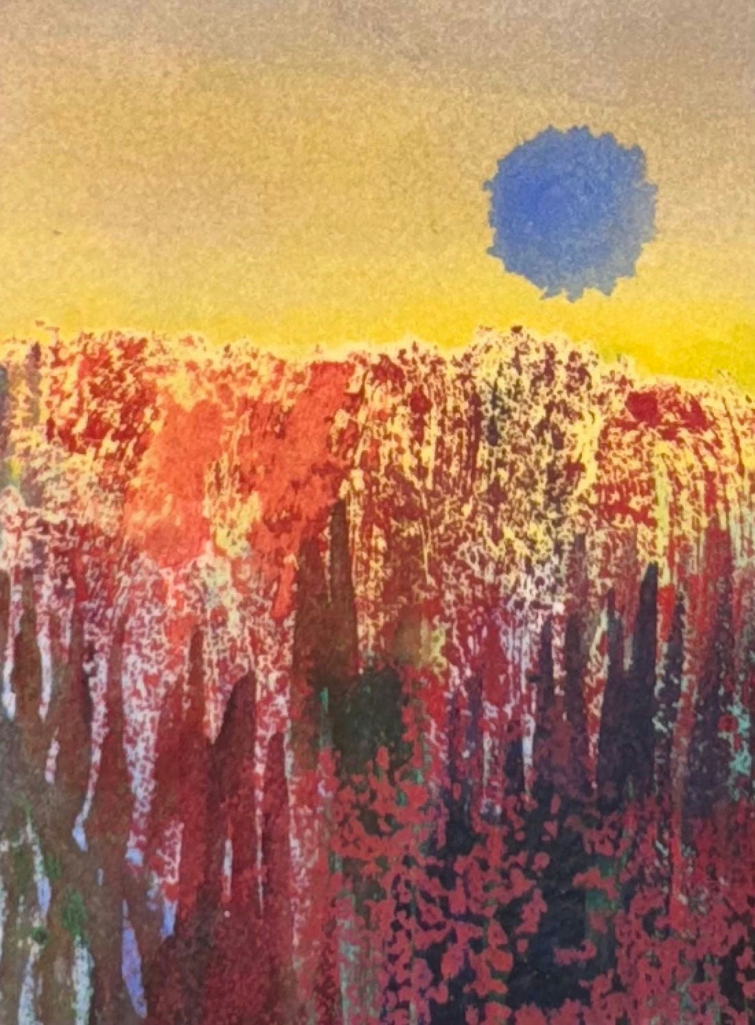 Original Mixed media 'Red Landscape Blue Sun Yellow Sky' by Mohammad Bushnaq
