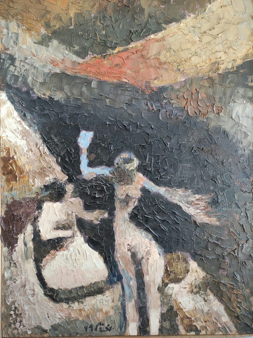 Original Oil 'Two Figures in Dark Landscape' by Mohammad Bushnaq