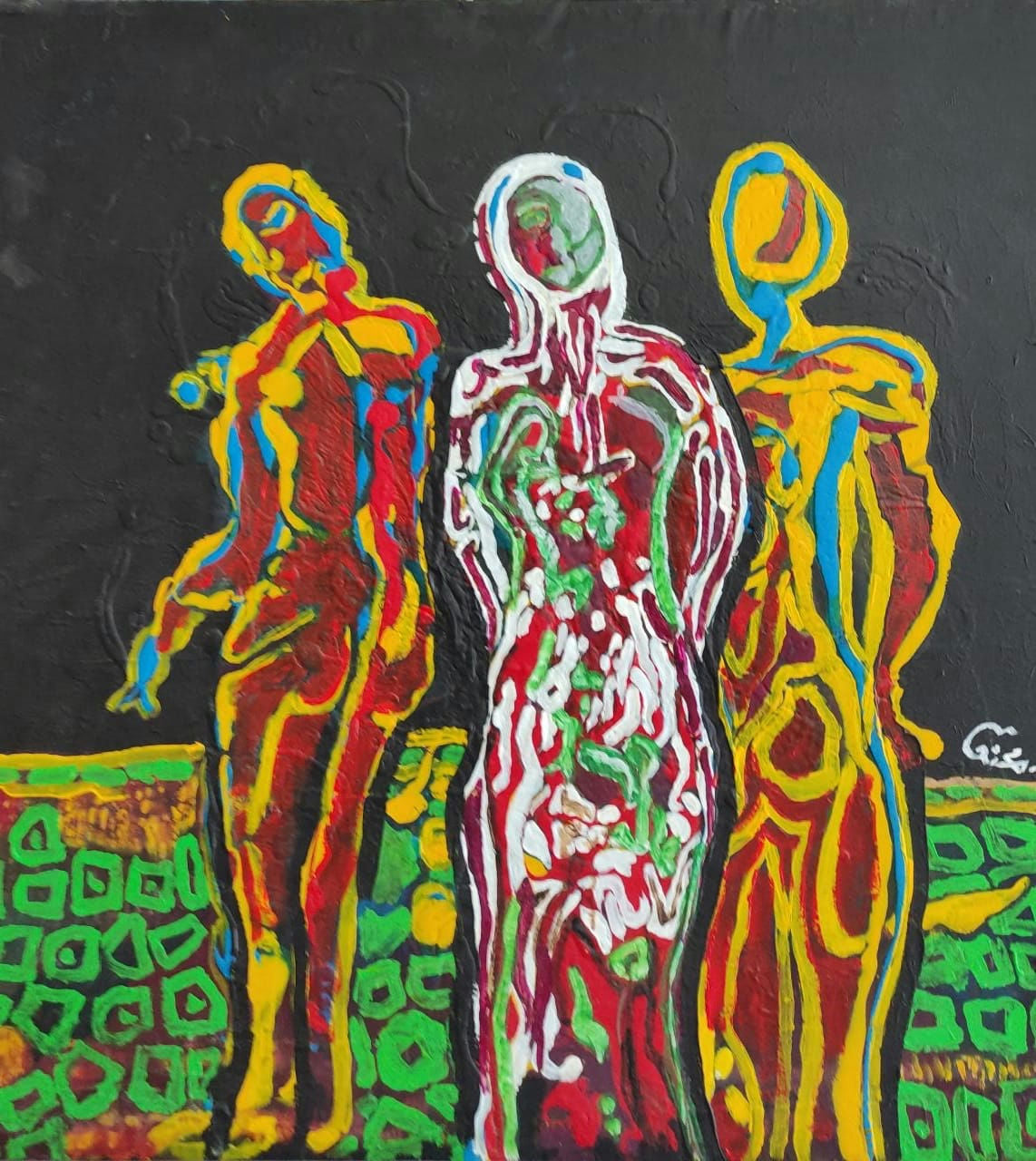 Original Acrylic 'Three Standing Human Figures' by Mohammad Bushnaq