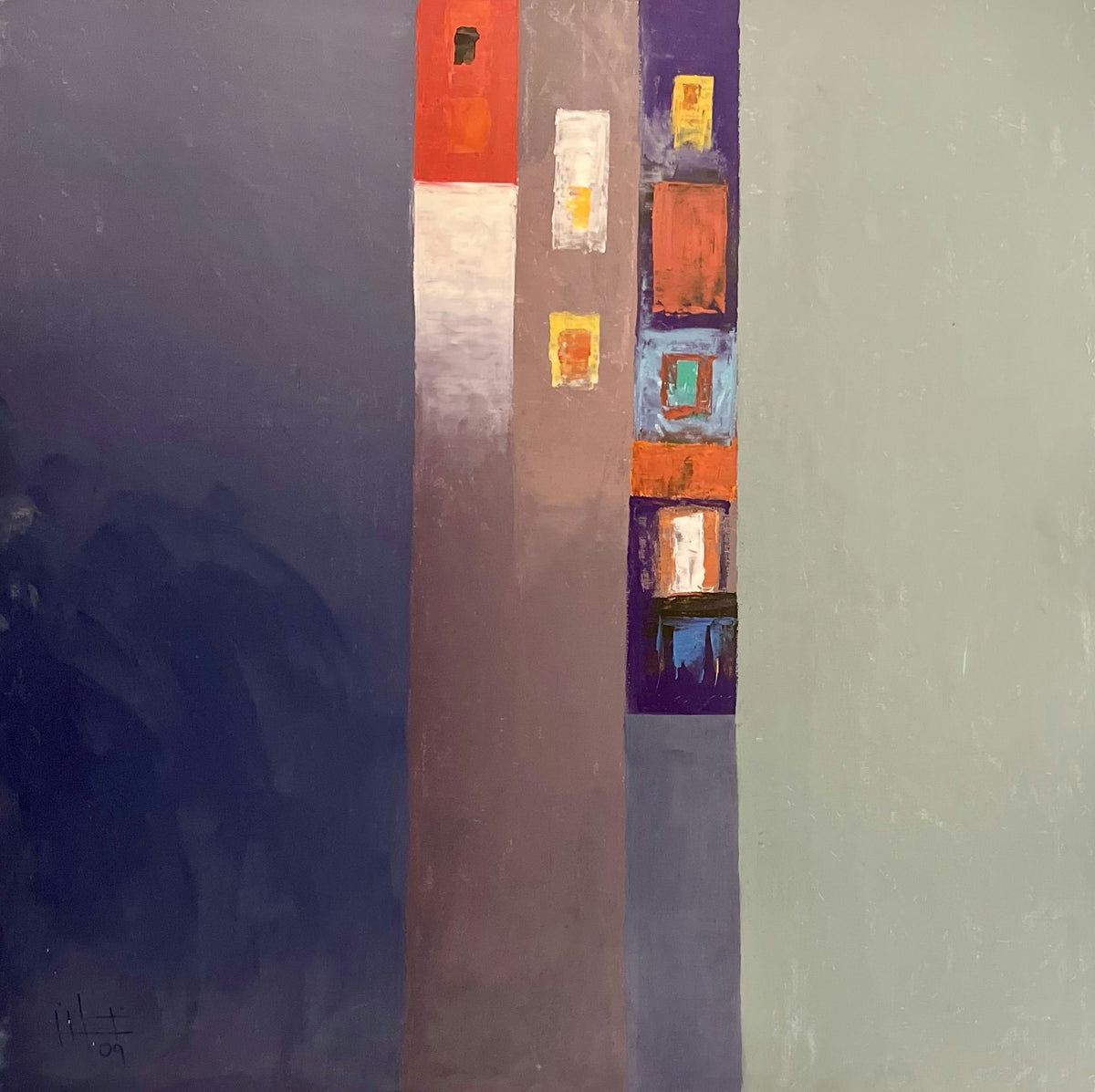 Original Acrylic 'Abstract Vertical Blocks on Grey Ground' by Ghassan Abulaban                