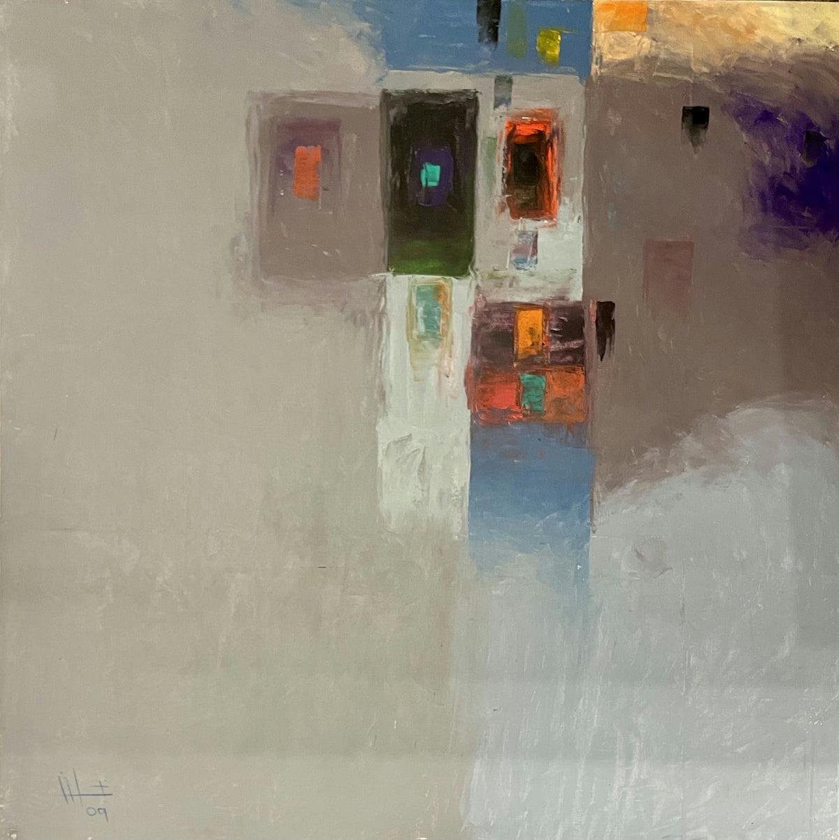 Original Acrylic 'Abstract Geometric Blocks on Grey' by Ghassan Abulaban 