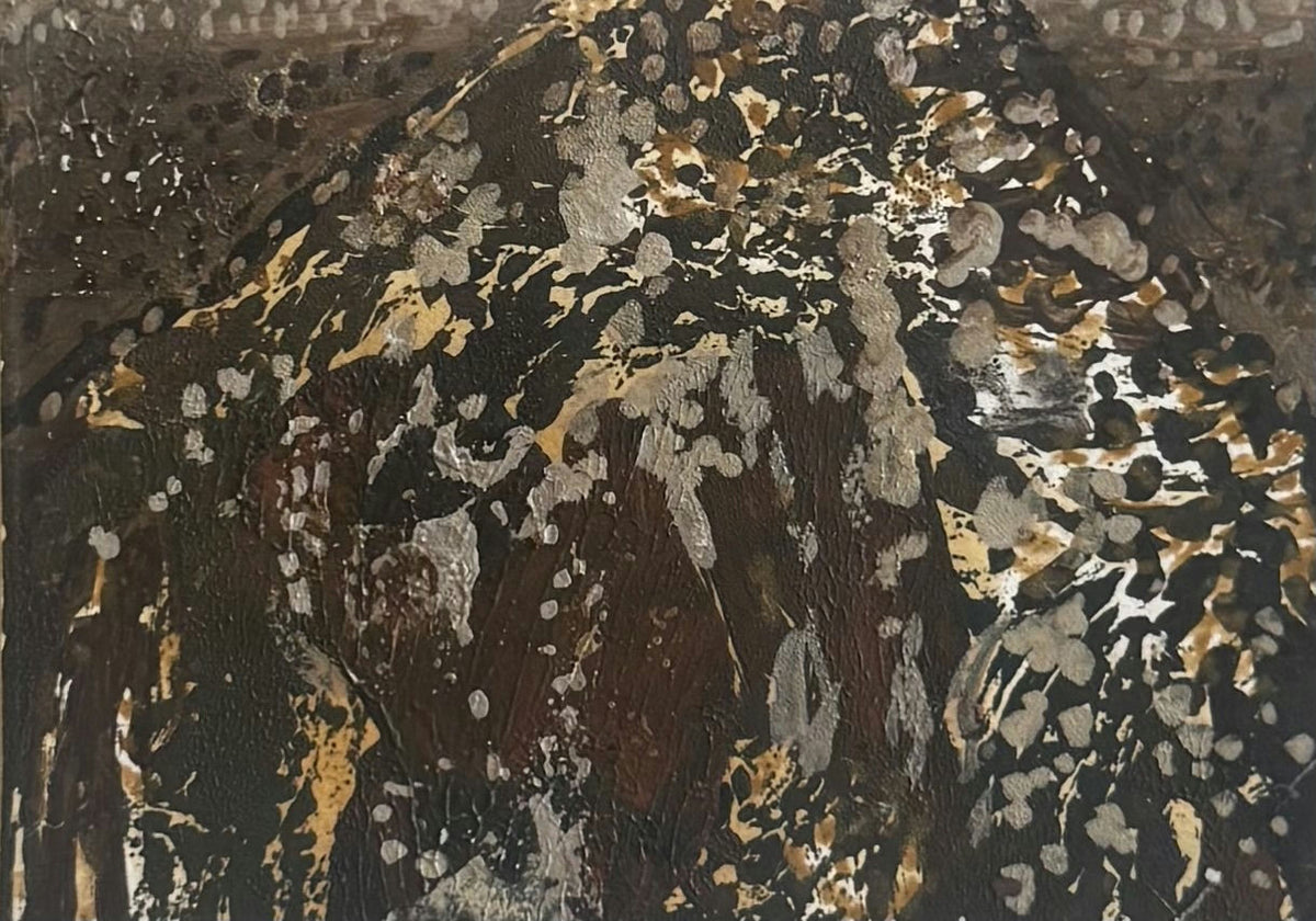 Original Mixed media 'Dark Arched Form with Gold Splatter' by Mohammad Bushnaq