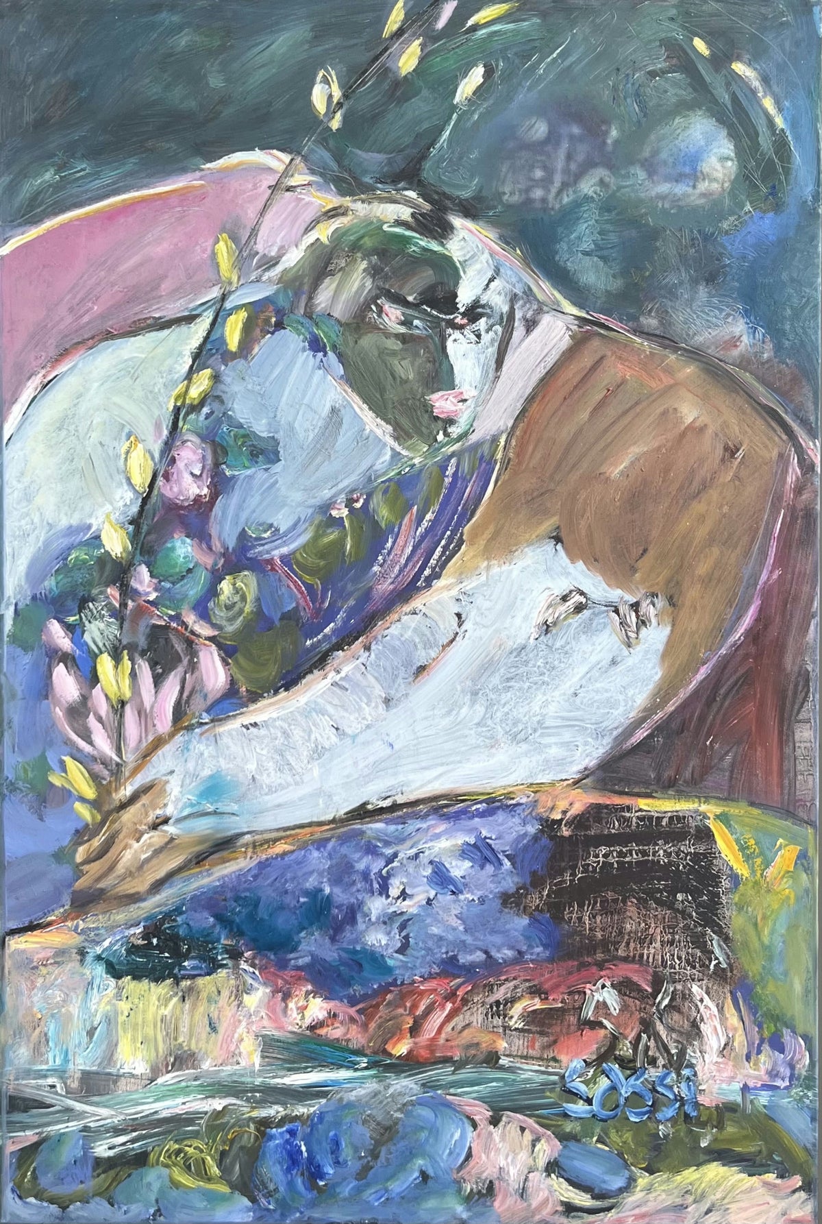 Original Oil 'Reclining Figure with Flowers' by Mohammad Alamin Sassi