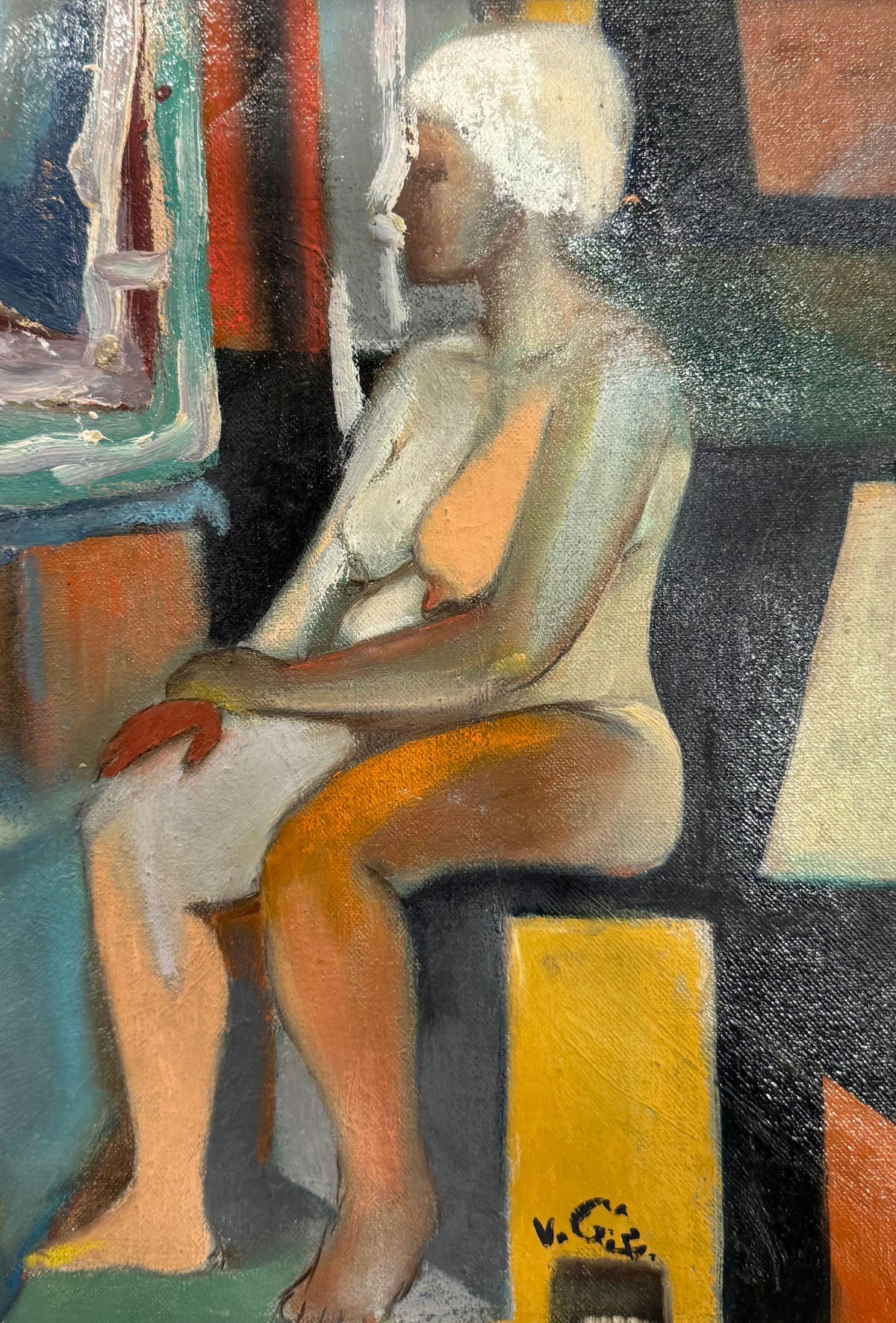 Original Oil 'Seated Nude Figure in Abstract Interior' by Mohammad Bushnaq