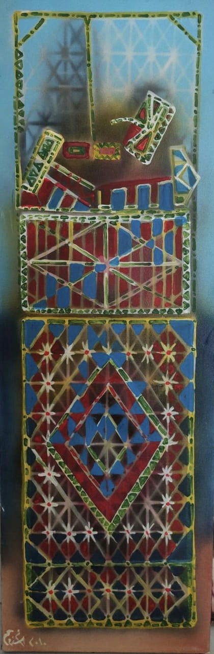 Original Oil 'Geometric Patterned Panels with Furniture' by Mohammad Bushnaq