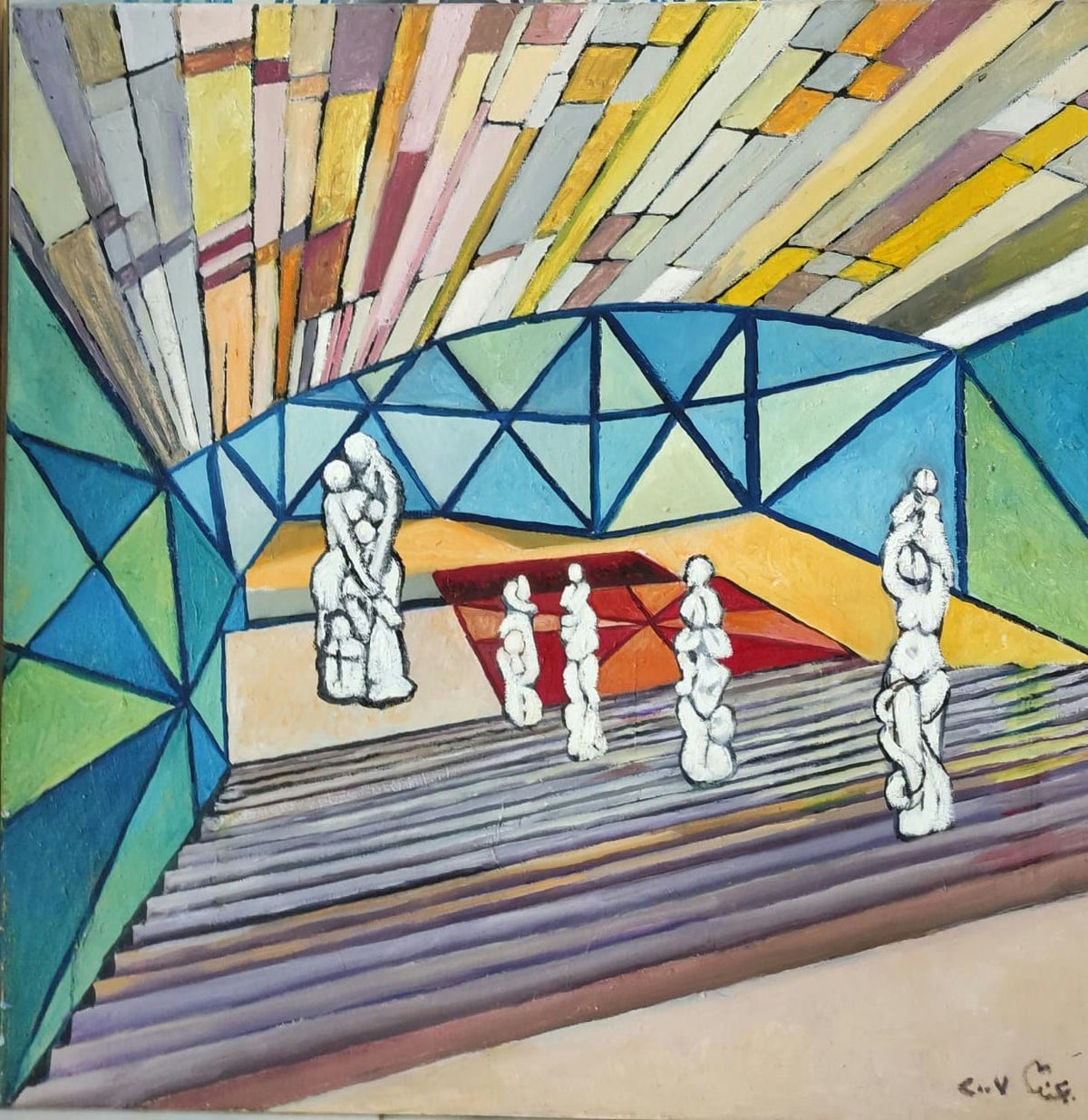 Original Acrylic 'White Sculptures in Geometric Interior Space' by Mohammad Bushnaq