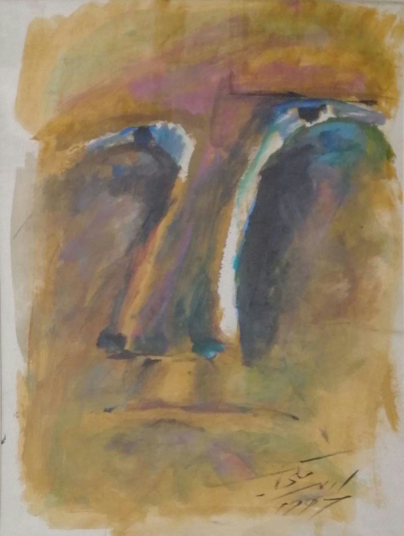 Original Watercolor 'Abstract Face with Blue Eyes' by Adeeb Makki