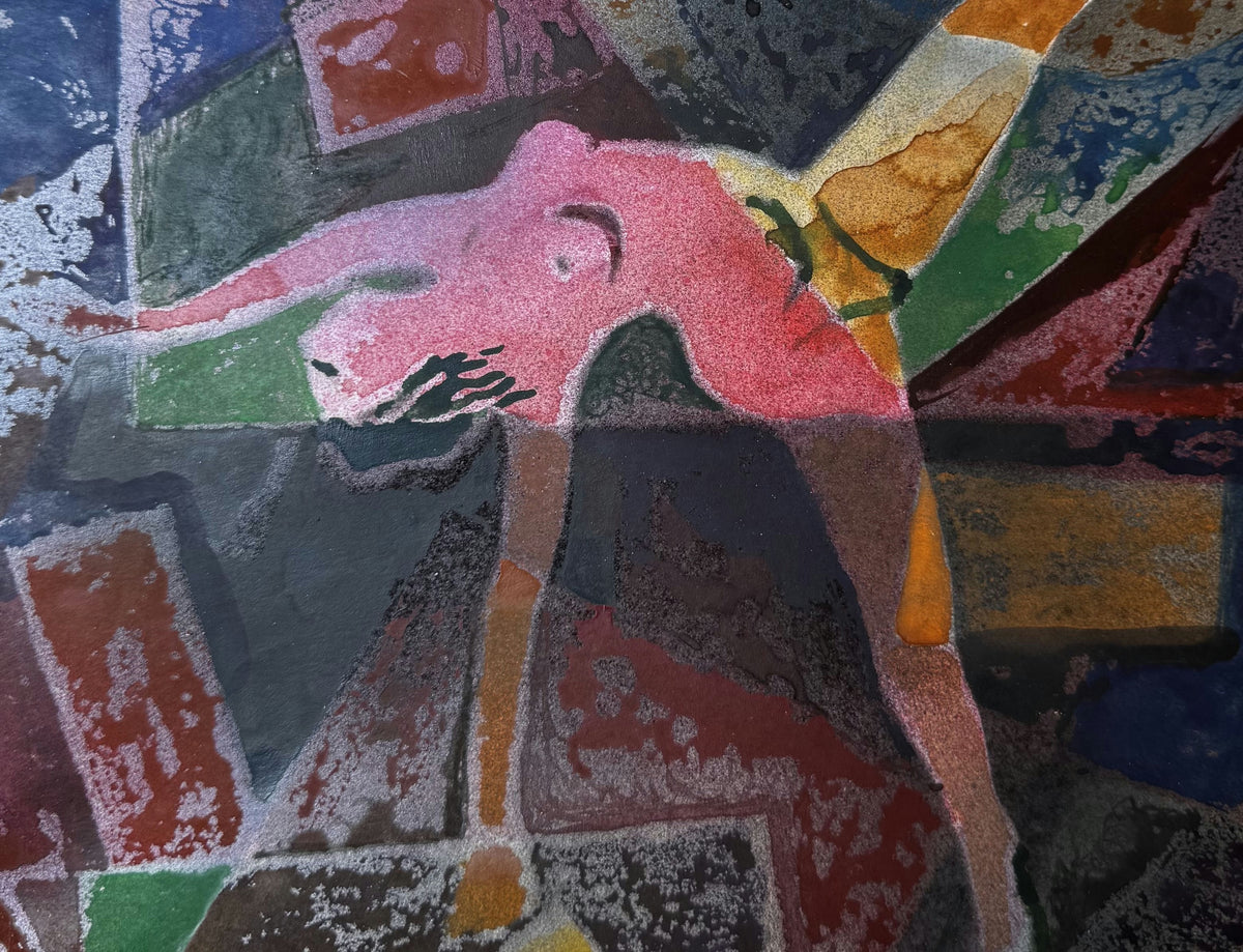 Original Mixed media 'Figure Arching Over Fragmented Background' by Mohammad Bushnaq