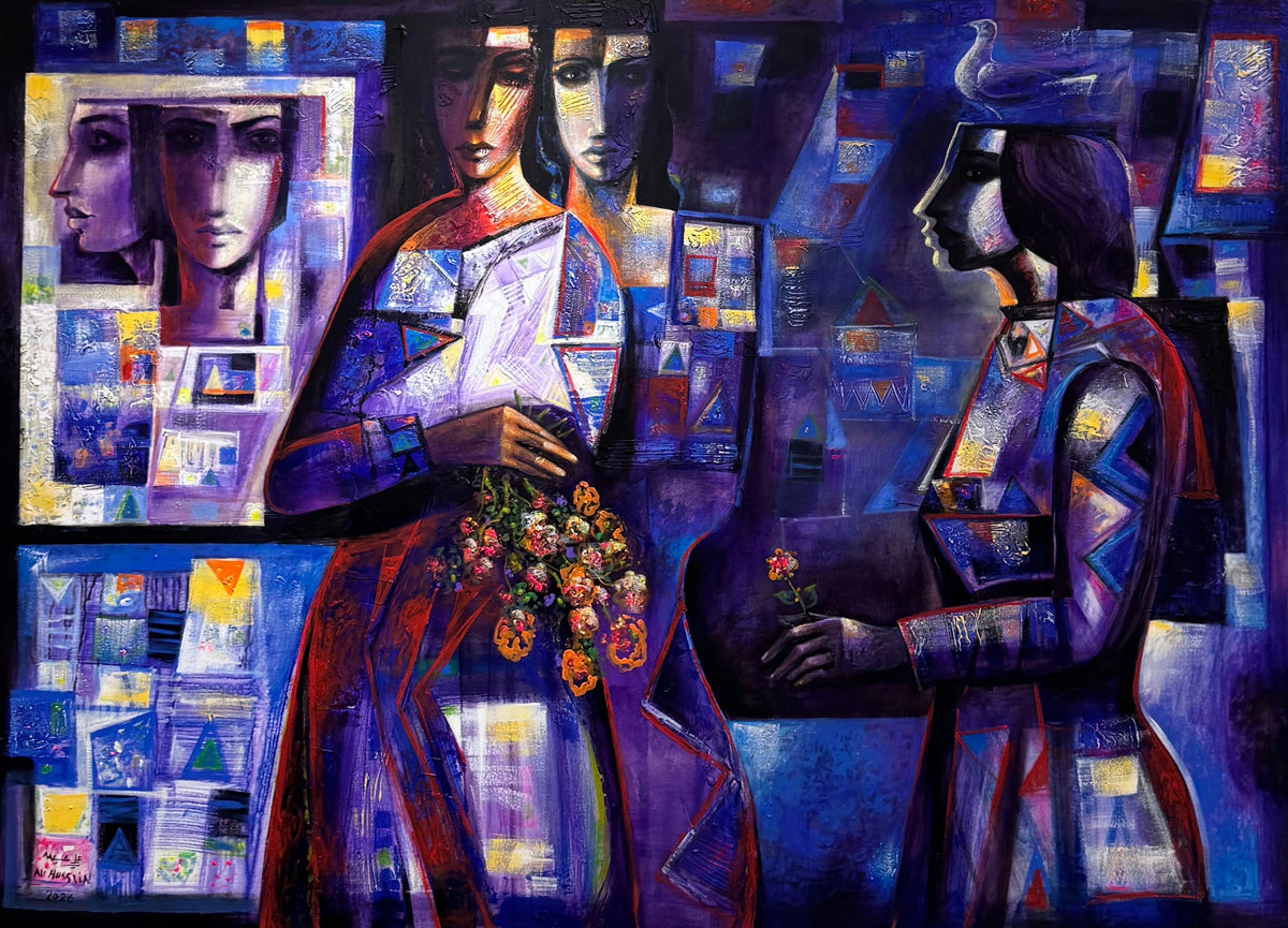 Original Acrylic 'Two Figures with Flowers and Fragments' by Ali Hussein