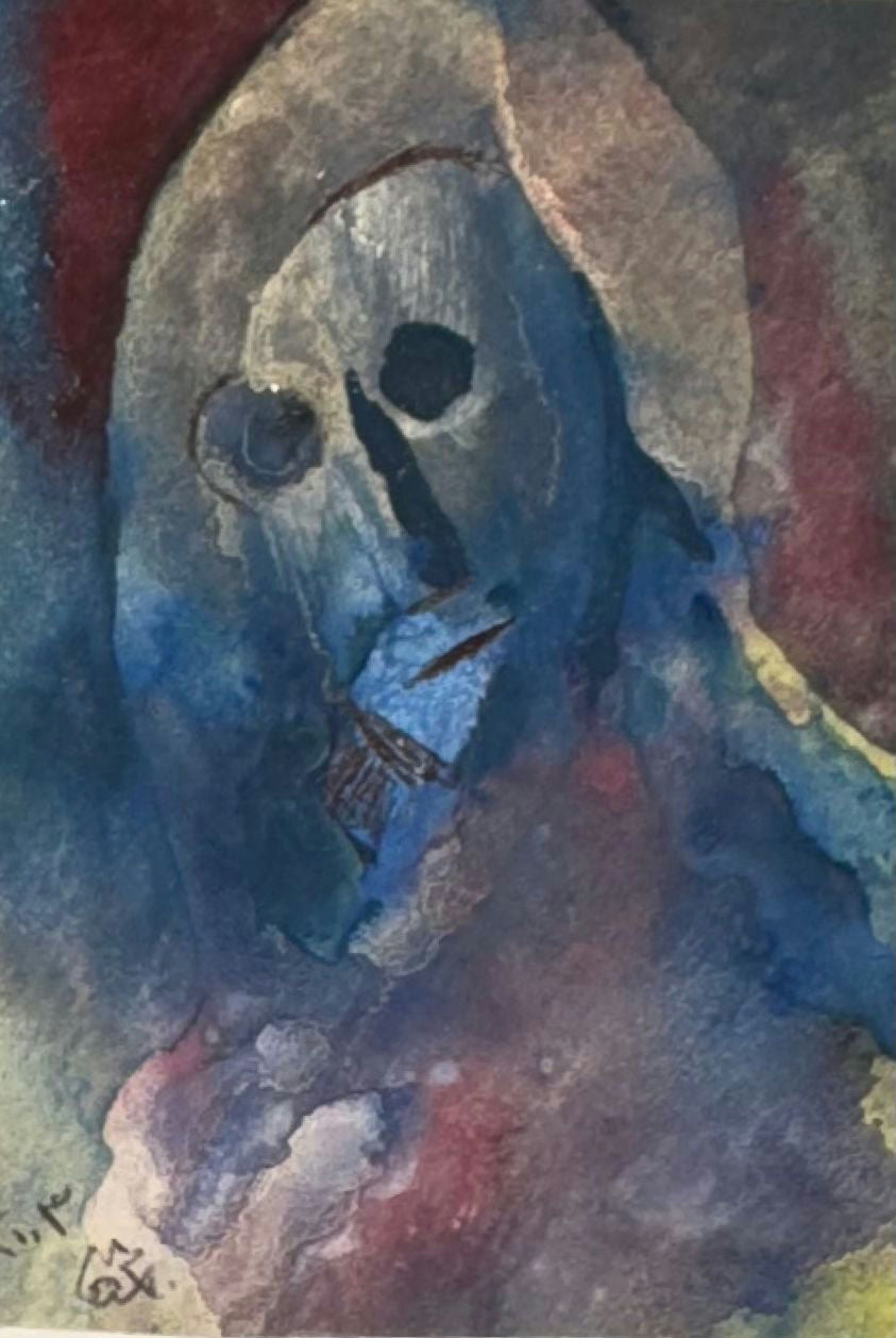 Original Mixed media 'Abstract Masked Figure in Blue' by Mohammad Bushnaq