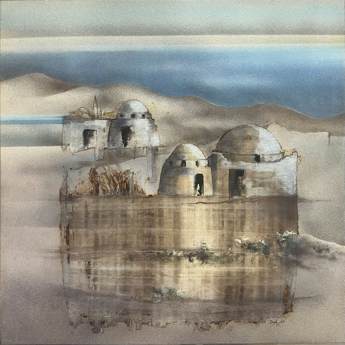 Original Watercolor 'Domed Desert Buildings with Reflection' by Nazli Madkour