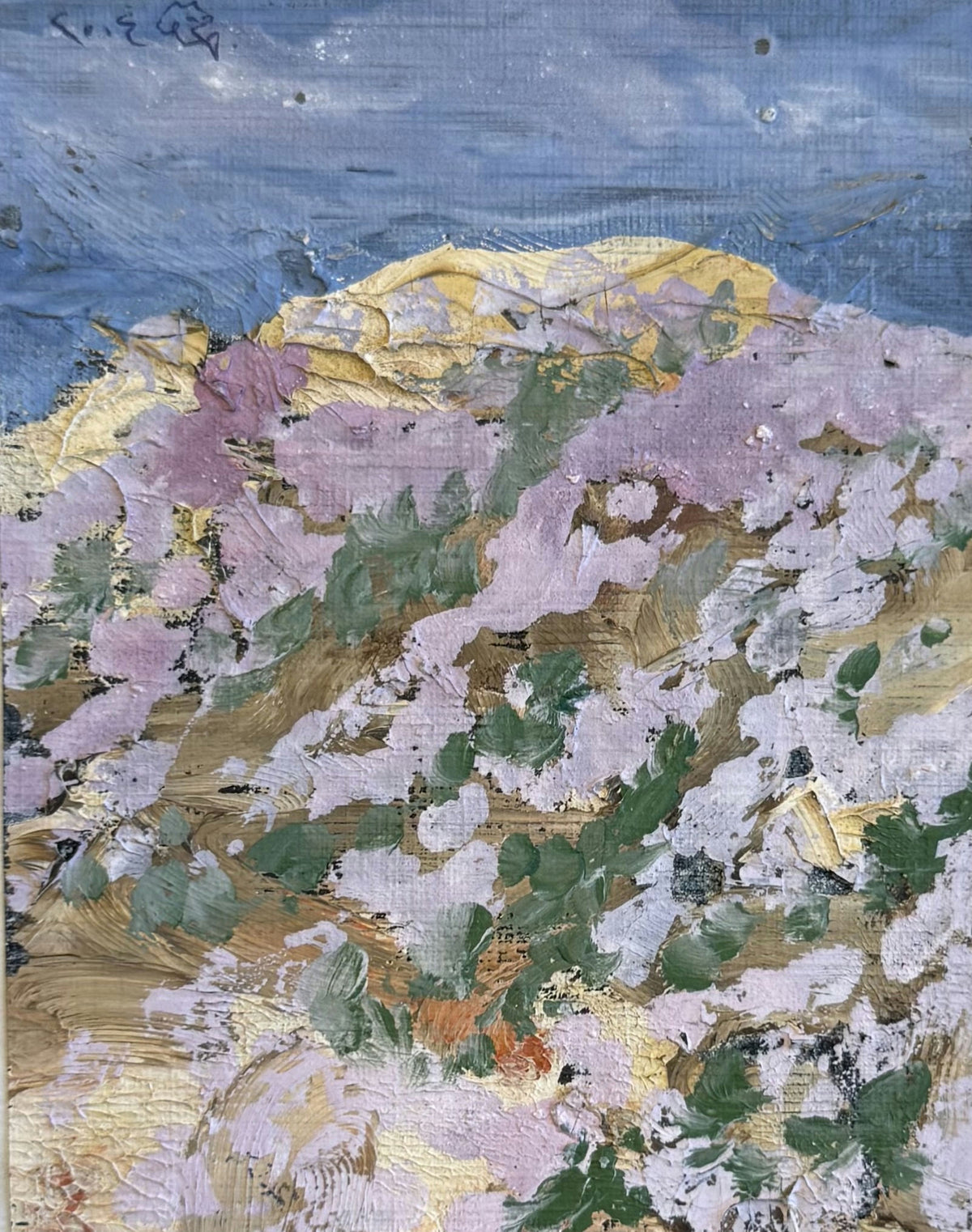 Original Mixed media 'Flowering Hillside Under Blue Sky' by Mohammad Bushnaq
