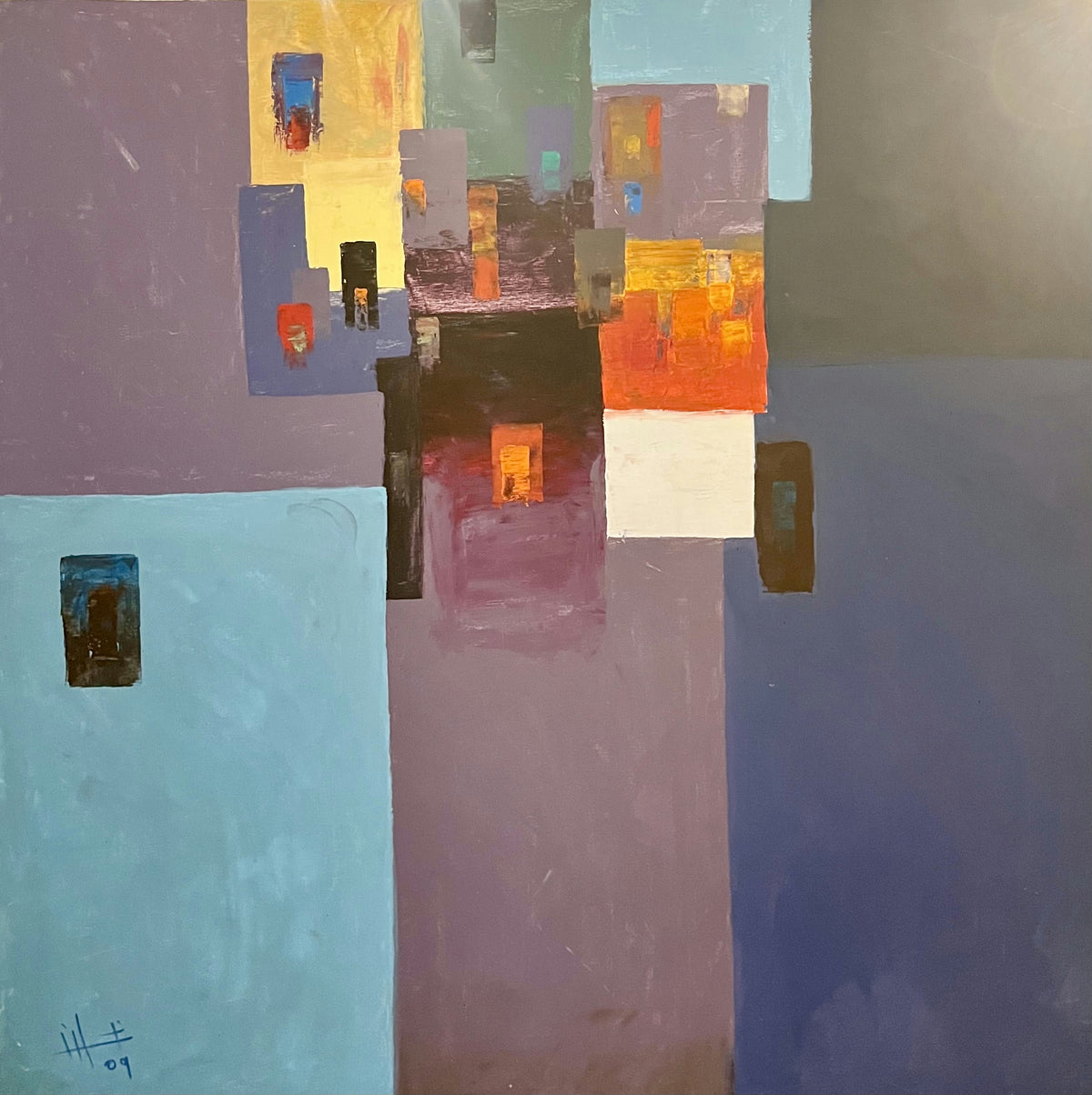 Original Acrylic 'Abstract Geometric Blocks in Blue Purple' by Ghassan Abulaban   