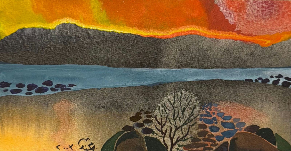Original Mixed media 'River Valley Under Fiery Sunset Sky' by Mohammad Bushnaq