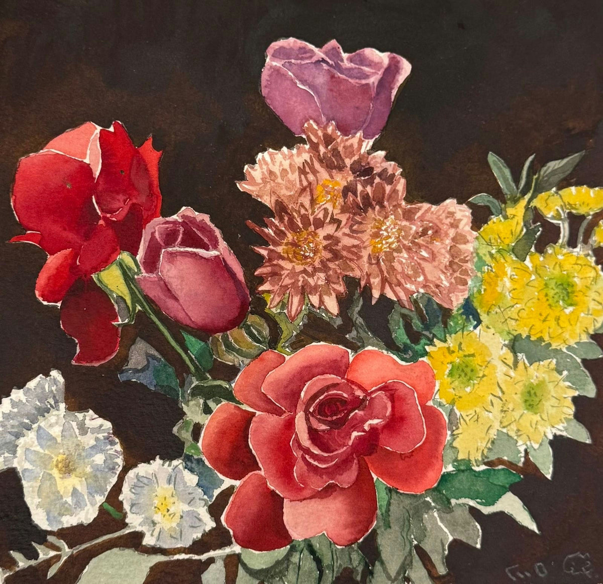 Original Oil 'Mixed Floral Bouquet on Dark Background' by Mohammad Bushnaq