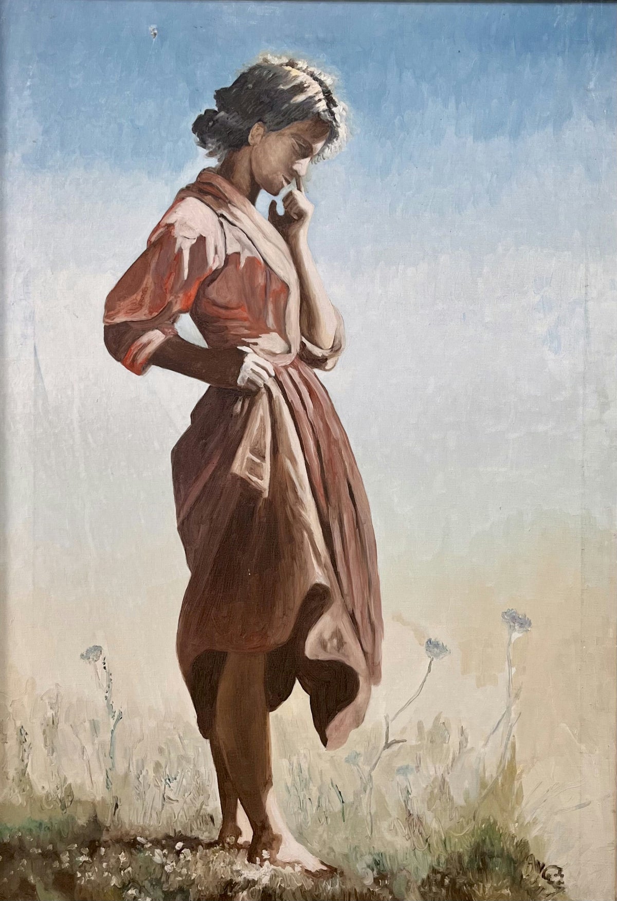 Original Oil 'Barefoot Woman Standing in Field' by Mohammad Bushnaq