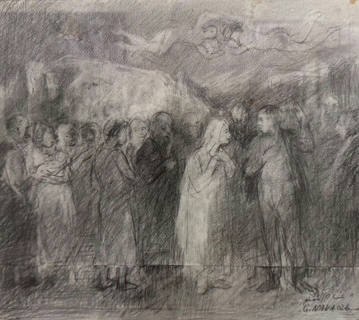 Original Ink & Pencil (Sketches) 'Crowd of Figures in Pencil Sketch' by Ghassan Alnana