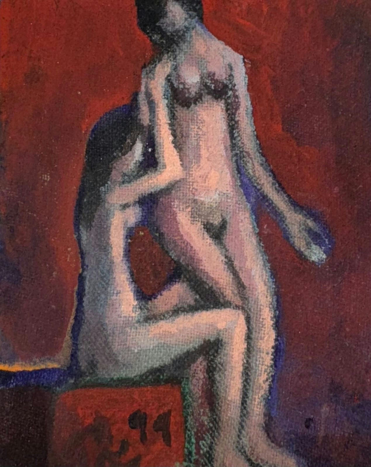 Original Mixed media 'Two Nude Figures Against Red Background' by Mohammad Bushnaq