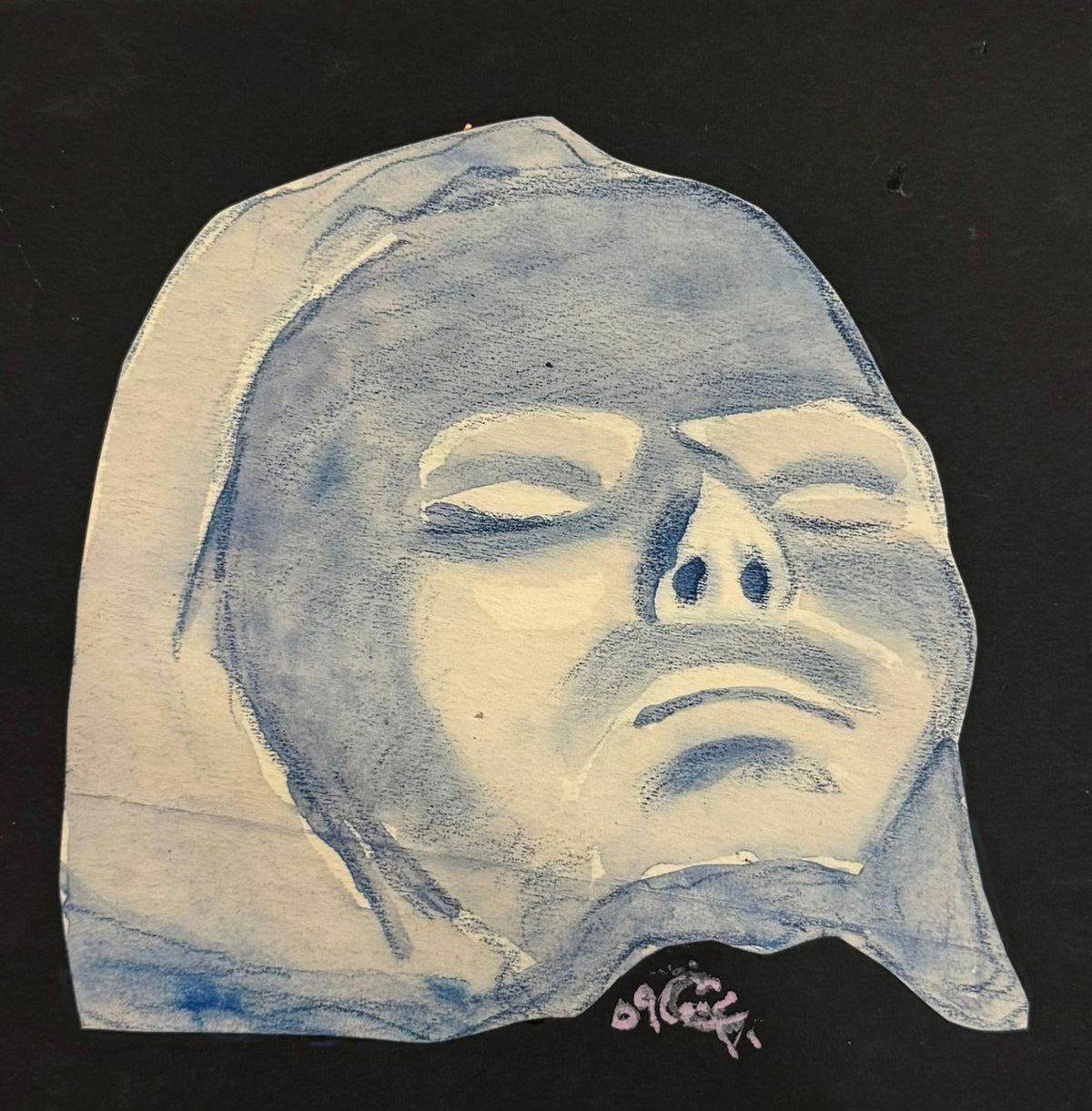 Original Watercolor 'Pale Face Mask on Black Background' by Mohammad Bushnaq