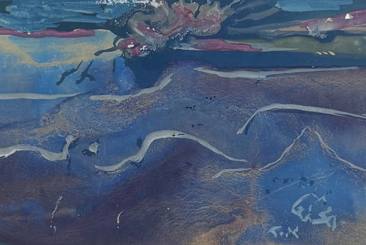 Original Mixed media 'Abstract Blue Landscape with Stormy Sky' by Mohammad Bushnaq
