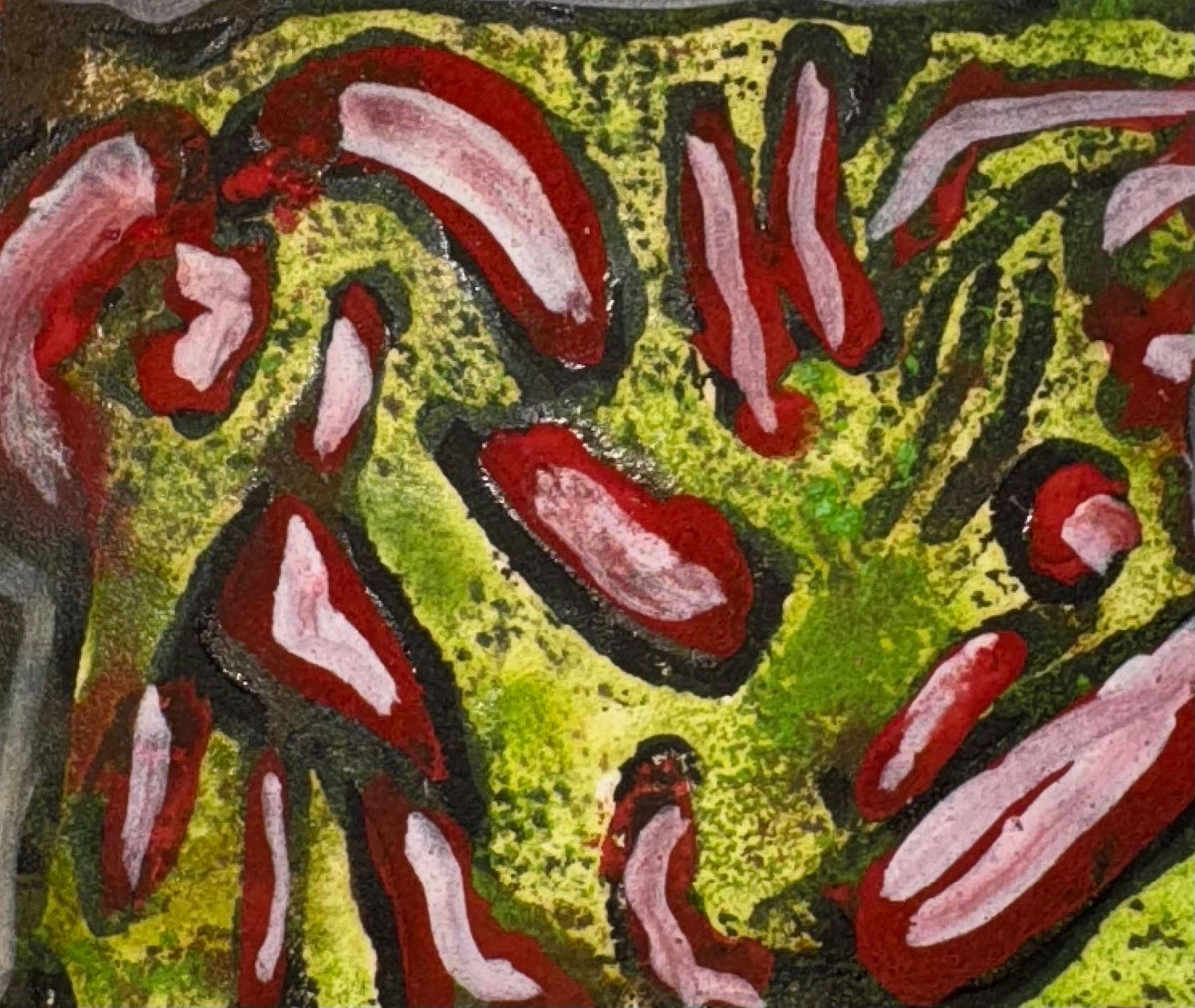 Original Mixed media 'Red and Pink Forms on Green' by Mohammad Bushnaq