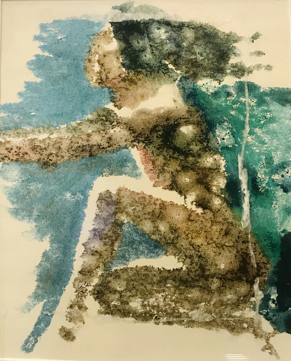Original Watercolor 'Seated Figure in Blue and Brown' by Mohammad Bushnaq
