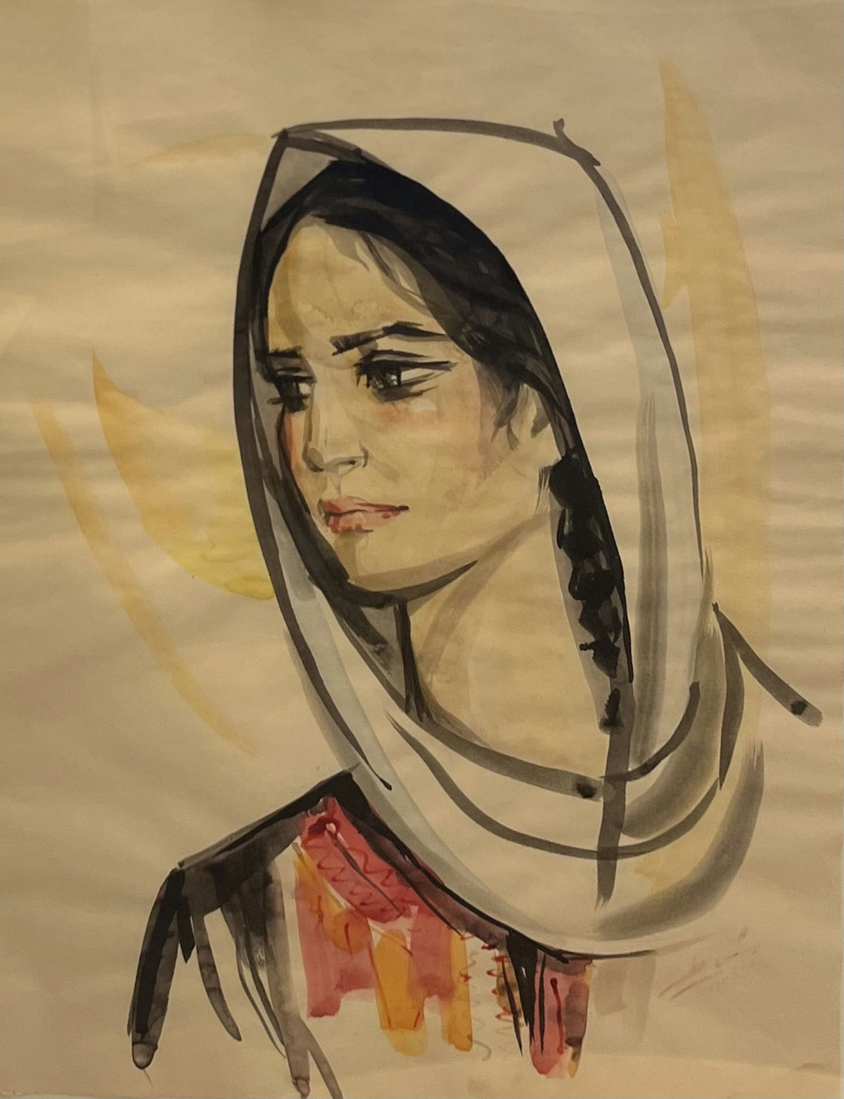 Original Watercolor 'Palestinian Woman in White Headscarf' by Ismail Shamout