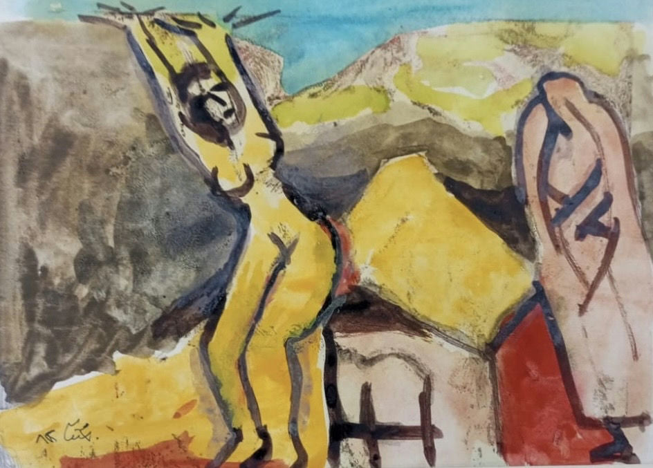 Original Watercolor 'Two Figures in Rocky Landscape' by Mohammad Bushnaq