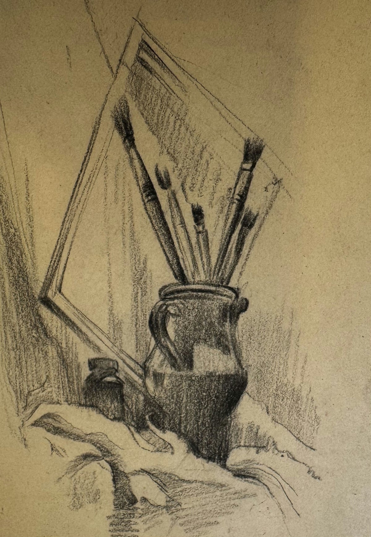 Original Mixed media 'Paintbrushes in Ceramic Jar Still Life' by Mohammad Bushnaq