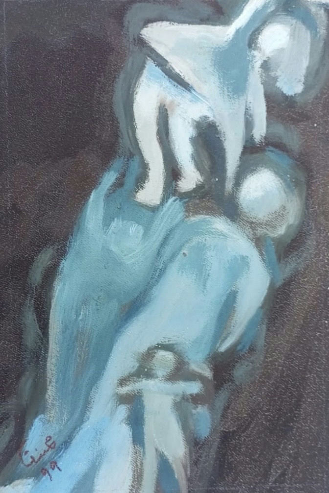 Original Oil 'Abstract Figures in Blue and Grey' by Mohammad Bushnaq