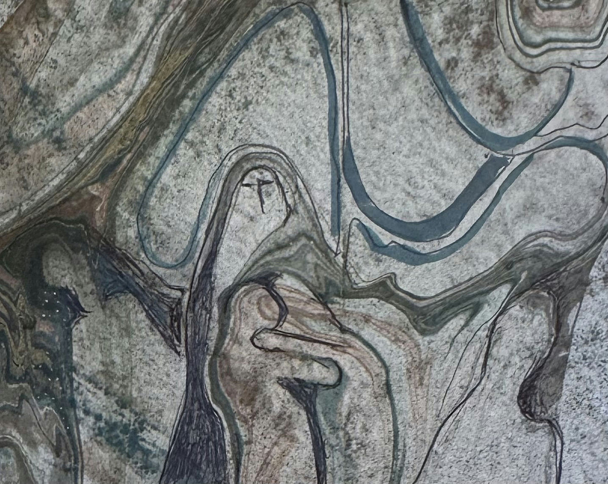 Original Mixed media 'Abstract Robed Figures with Cross' by Mohammad Bushnaq