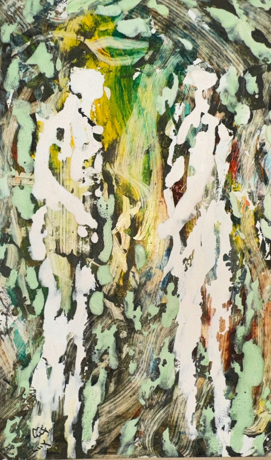 Original Mixed media 'Two Abstract Figures in Green Forest' by Mohammad Bushnaq