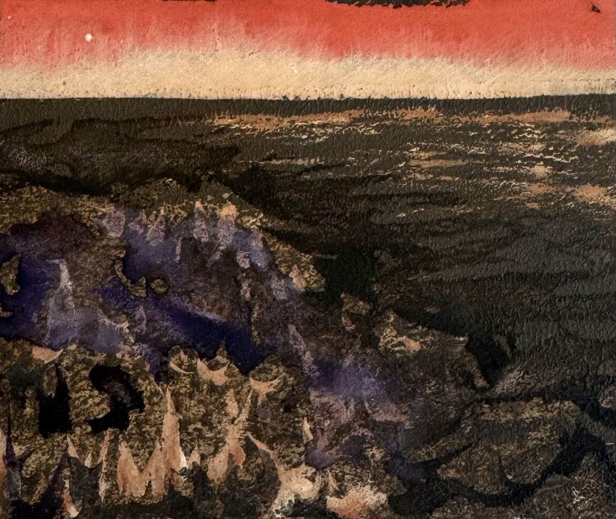 Original Mixed media 'Dark Rocky Landscape Under Red Sky' by Mohammad Bushnaq