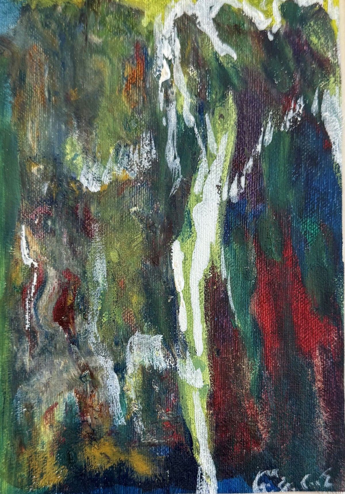 Original Mixed media 'Abstract Green and Red Composition' by Mohammad Bushnaq