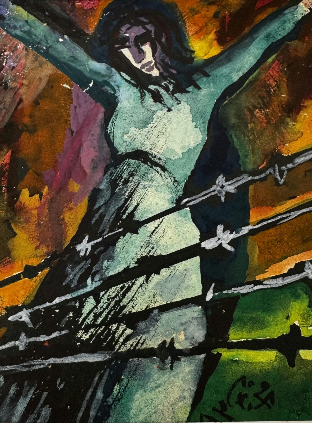 Original Mixed media 'Figure Behind Barbed Wire' by Mohammad Bushnaq