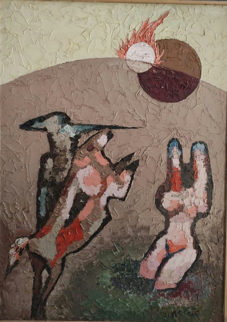 Original Oil 'Figures and Flaming Sun' by Mohammad Bushnaq