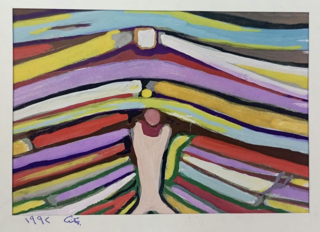 Original Watercolor 'Abstract Figure Amid Colorful Stripes' by Mohammad Bushnaq
