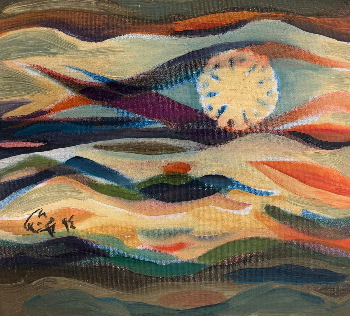Original Oil 'Abstract Flowing Landscape with Moon' by Mohammad Bushnaq