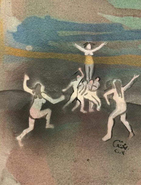 Original Watercolor 'Figures Dancing in a Circle' by Mohammad Bushnaq