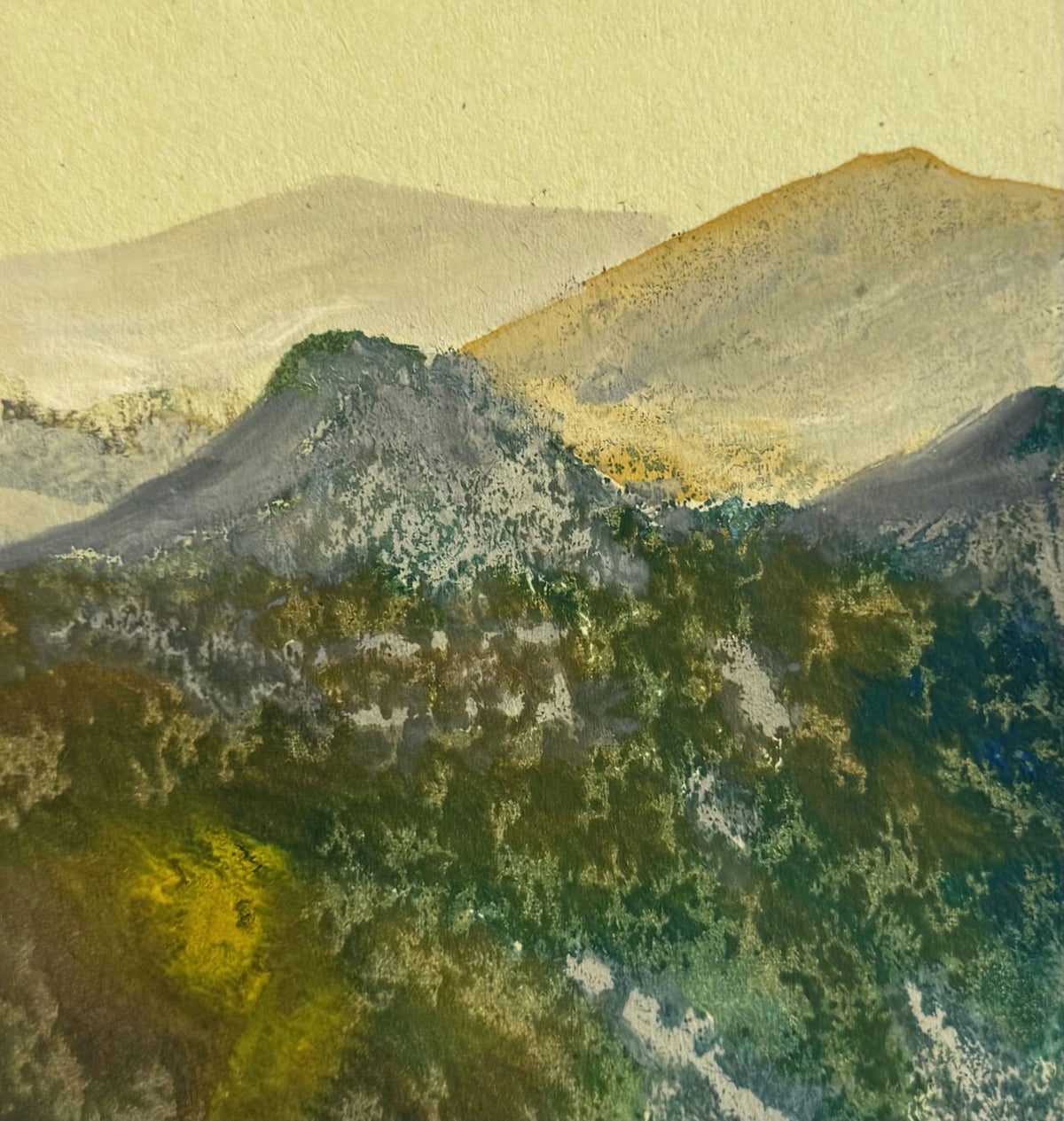 Original Mixed media 'Green Mountain Landscape with Hazy Peaks' by Mohammad Bushnaq