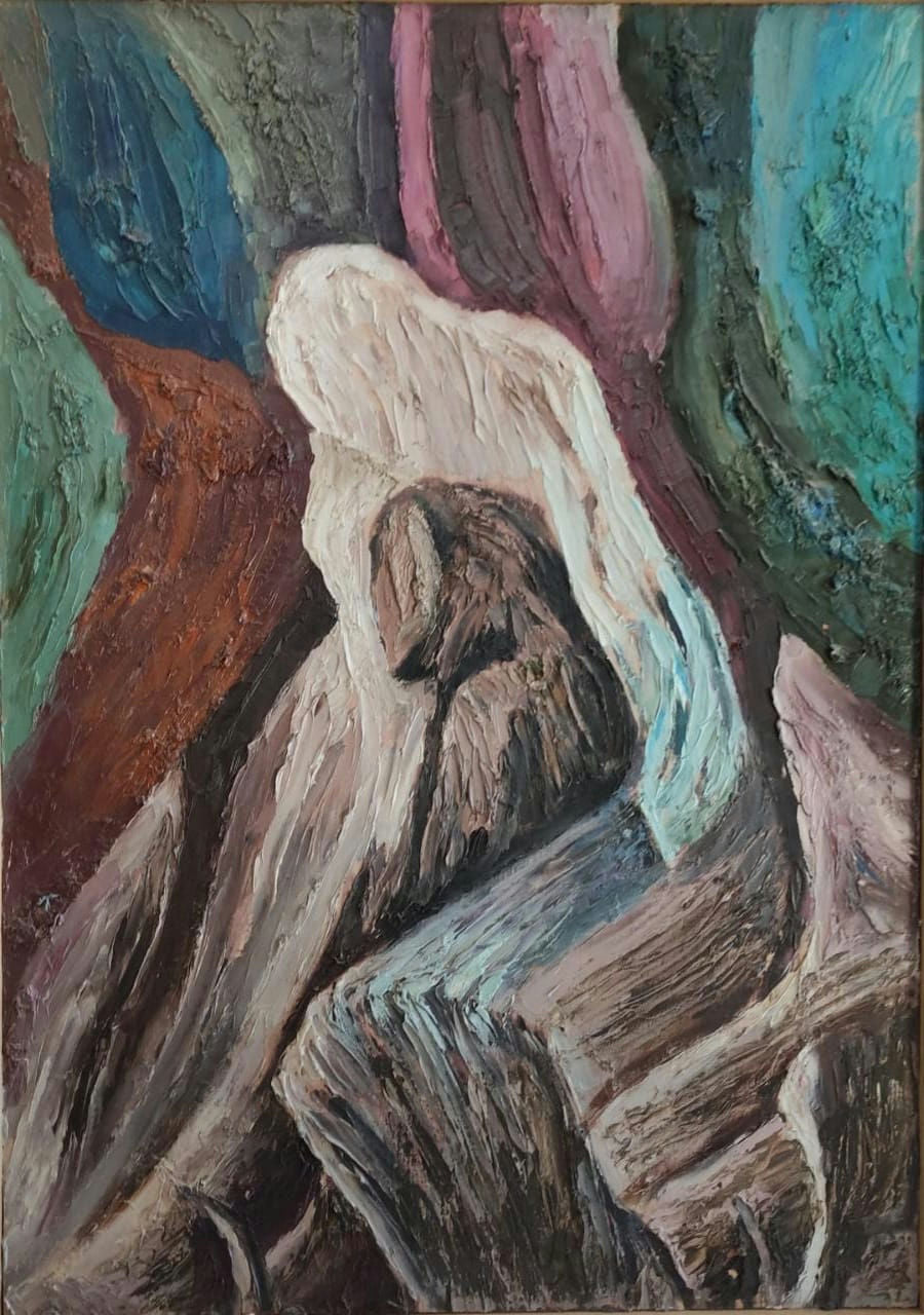 Original Oil 'Abstract Figure Among Rocky Forms' by Mohammad Bushnaq
