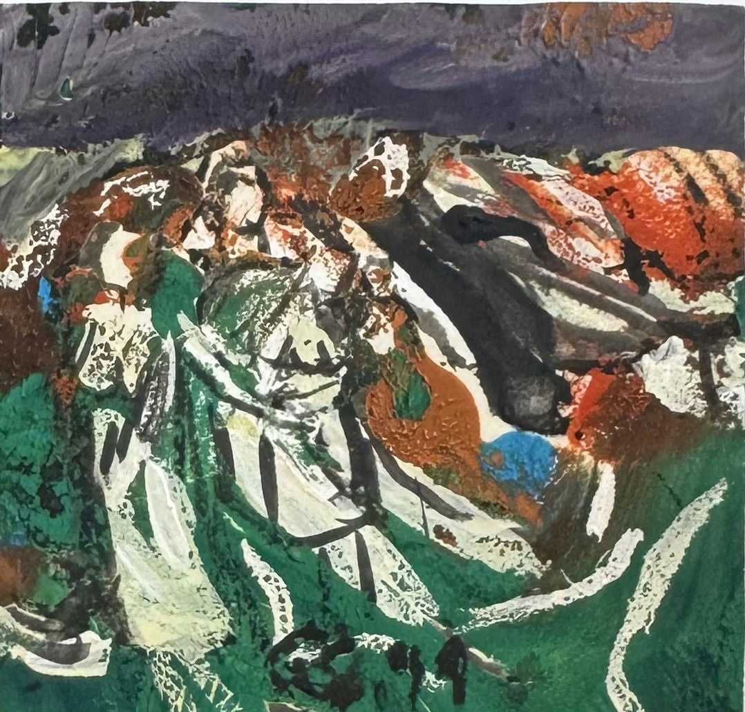 Original Mixed media 'Abstract Figures in Green and Red' by Mohammad Bushnaq