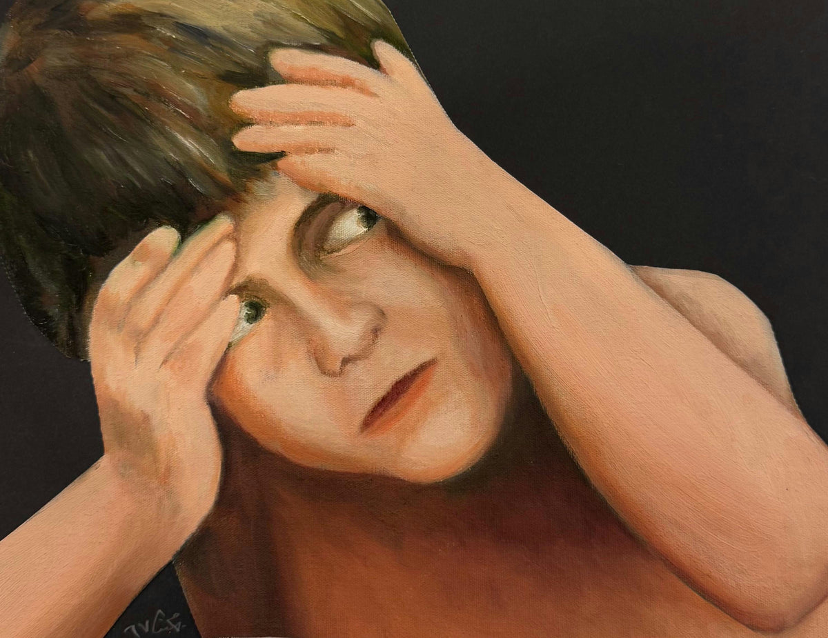 Original Oil 'Woman Holding Head in Distress' by Mohammad Bushnaq