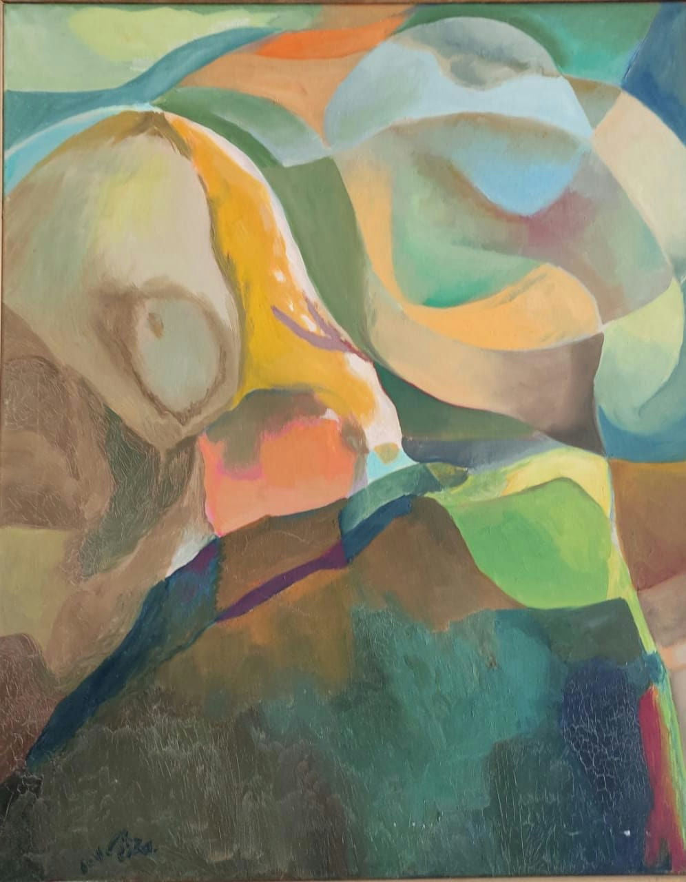 Original Oil 'Abstract Curved Forms in Green and Gold' by Mohammad Bushnaq