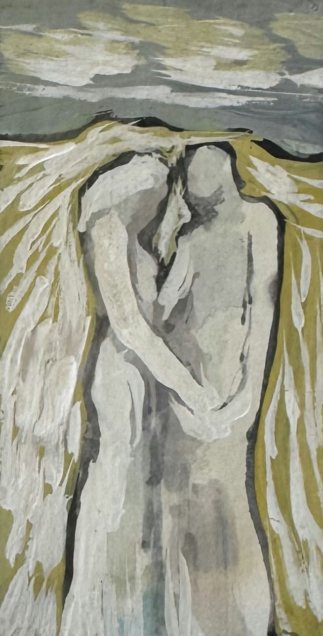 Original Mixed media 'Two Figures Embracing Under Stormy Sky' by Mohammad Bushnaq