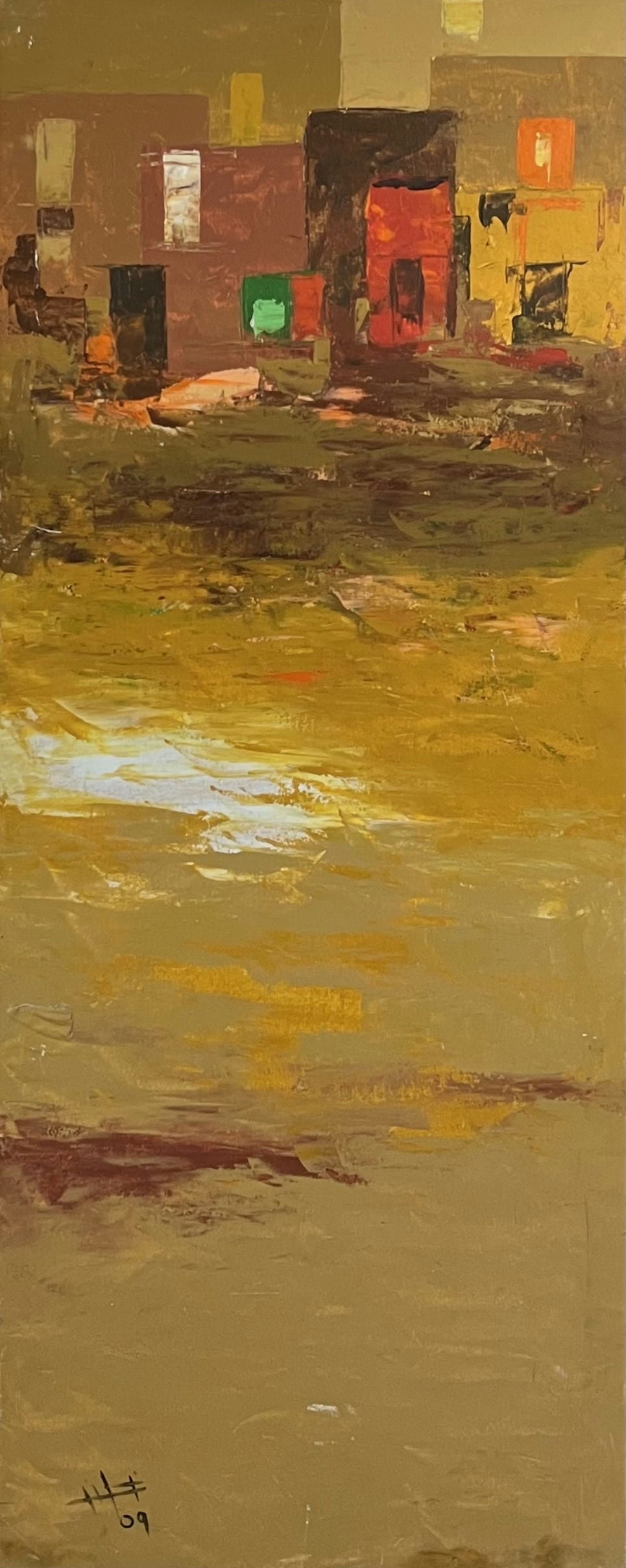 Original Acrylic 'Abstract Urban Buildings on Golden Ground' by Ghassan Abulaban             