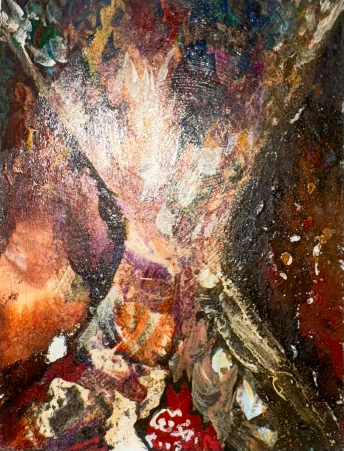 Original Mixed media 'Dark Abstract with Light and Red' by Mohammad Bushnaq